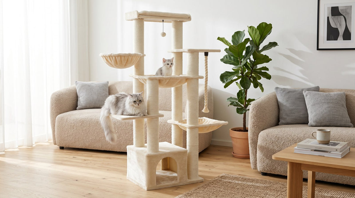 Arbre a chat Maine Coon beige dans salon scandinave avec deux chats - Griffova