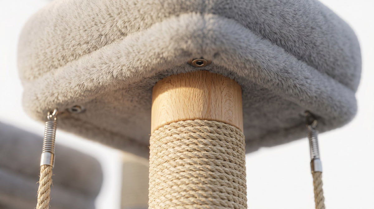 Detail macro bois massif sisal et peluche arbre a chat gris clair - Griffova