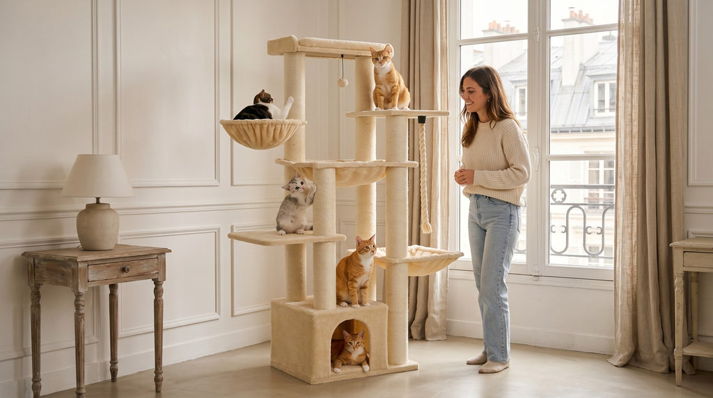 Arbre a chat Maine Coon beige avec une personne et des chats - Griffova