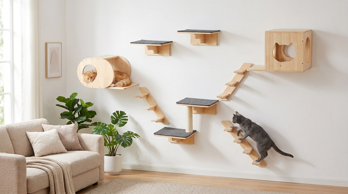 Etageres murales chat en bois avec hamac dans salon scandinave avec chats - Griffova