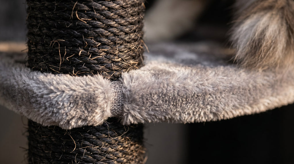 Detail macro texture sisal et peluche arbre a chat Maine Coon noir gris - Griffova