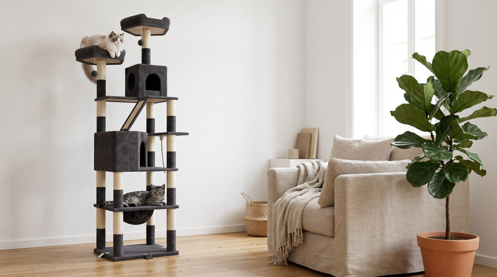 Arbre a chat en bois massif gris dans salon scandinave avec deux chats - Griffova