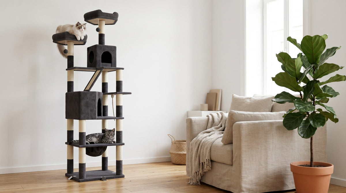 Arbre a chat en bois massif gris dans salon scandinave avec deux chats - Griffova