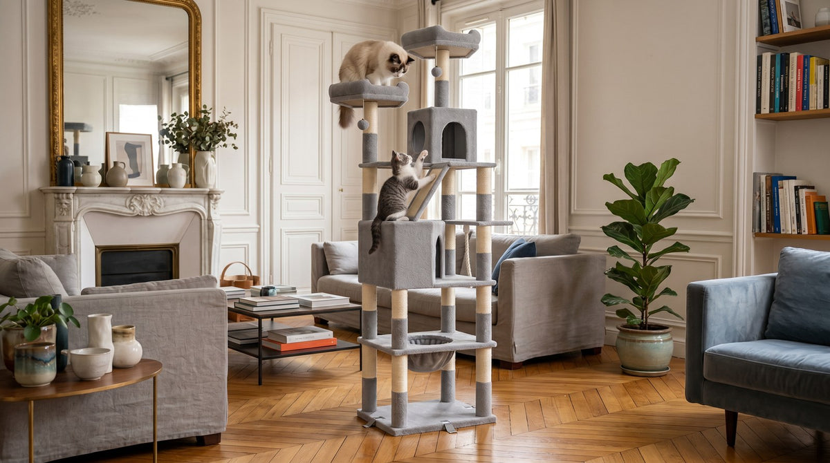Arbre a chat en bois massif gris clair dans salon parisien avec chats - Griffova