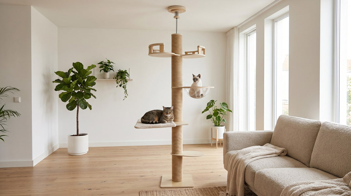 Arbre a chat design bois hauteur reglable dans salon scandinave avec deux chats - Griffova