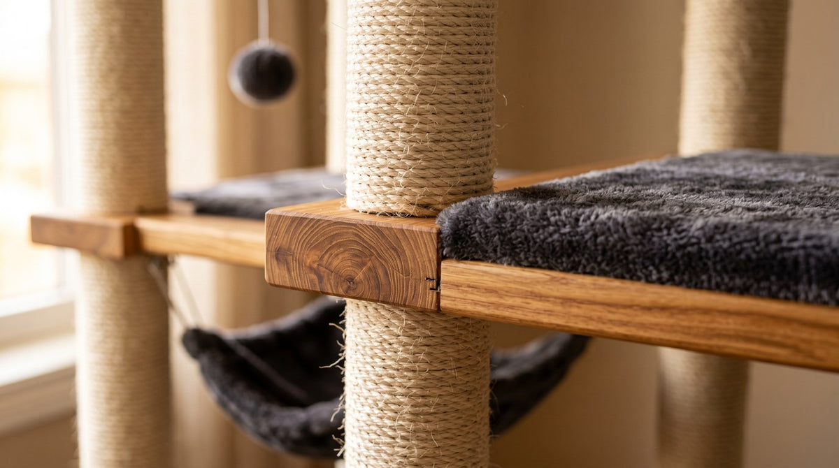 Detail macro bois massif sisal et peluche arbre a chat gris - Griffova