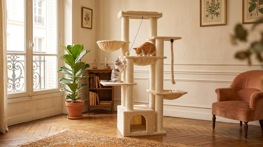 Arbre a chat Maine Coon beige en situation avec deux chats - Griffova