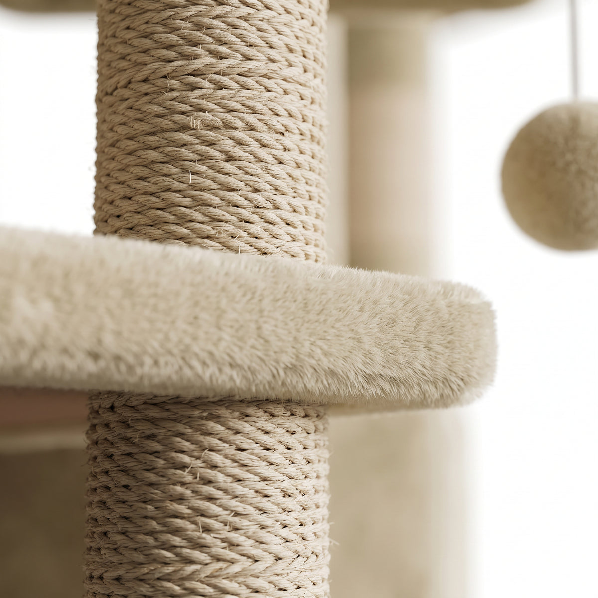 Detail macro du poteau en sisal naturel et de la plateforme peluche beige - Griffova arbre a chat XXL
