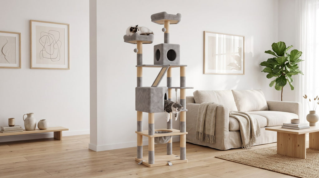 Arbre a chat en bois massif gris clair dans salon scandinave avec deux chats - Griffova