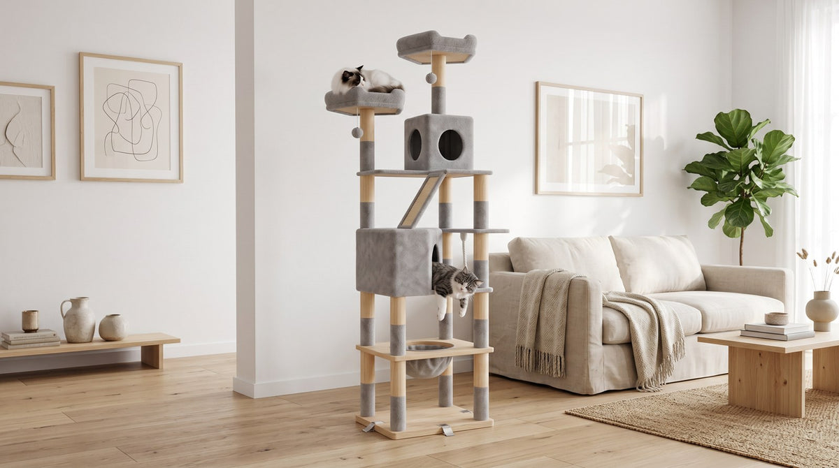 Arbre a chat en bois massif gris clair dans salon scandinave avec deux chats - Griffova