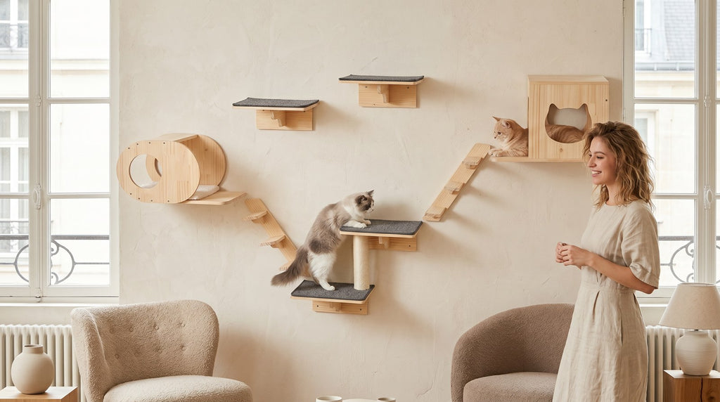 Etageres murales chat en bois avec hamac et une personne et des chats - Griffova