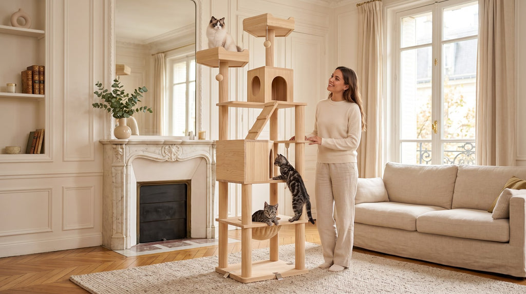 Arbre a chat en bois massif beige avec une personne et des chats - Griffova