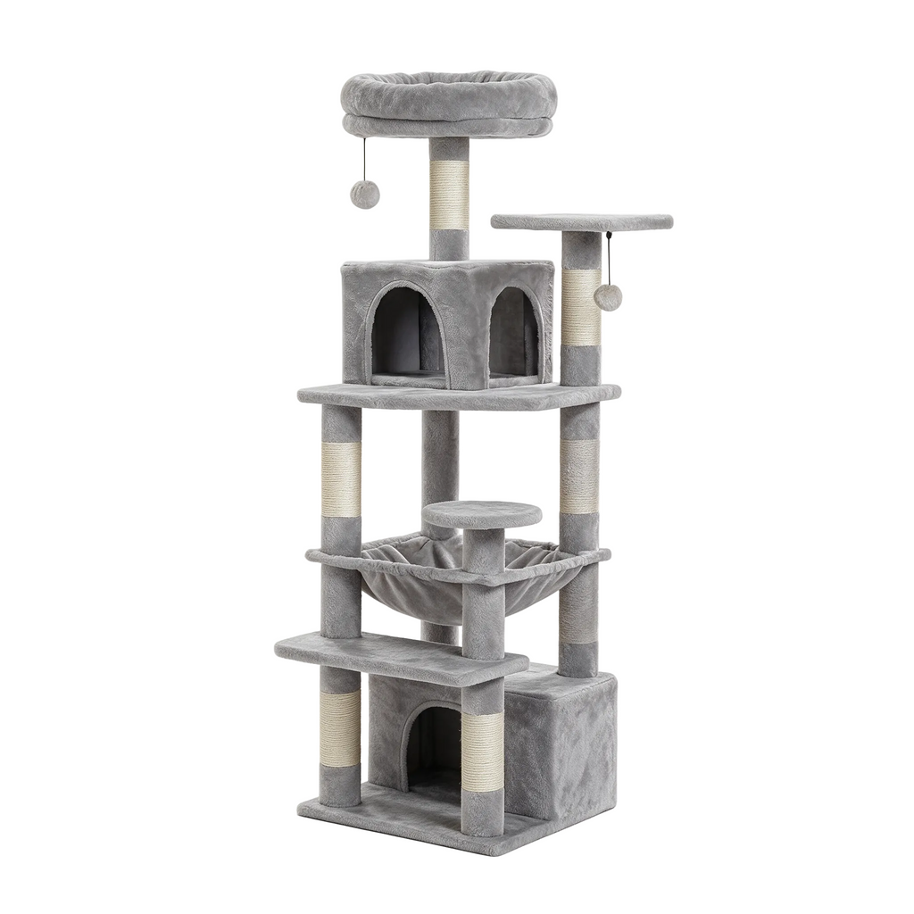Canopée gris 136 cm, arbre à chat complet sur fond blanc