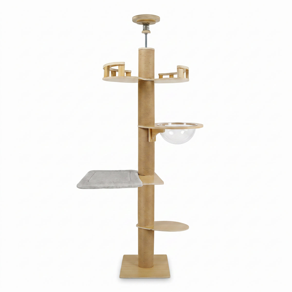 Arbre a chat design sol-plafond bois naturel avec capsule acrylique transparente sur fond blanc - Griffova Cime
