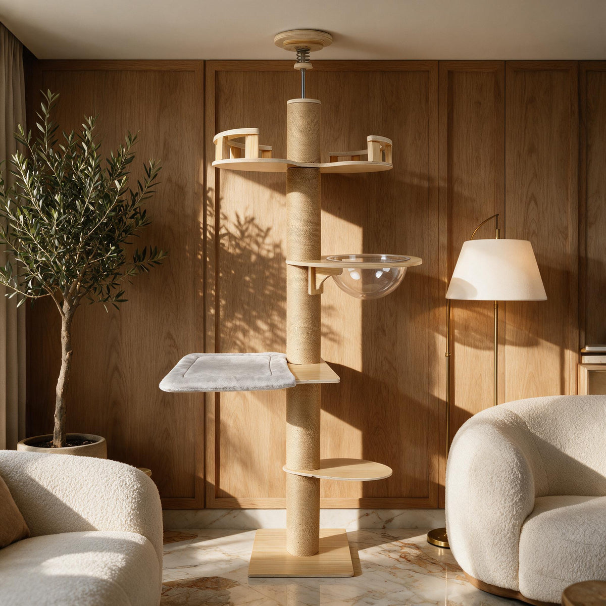 Arbre à chat design sol-plafond Cime – poteaux sisal et plateformes