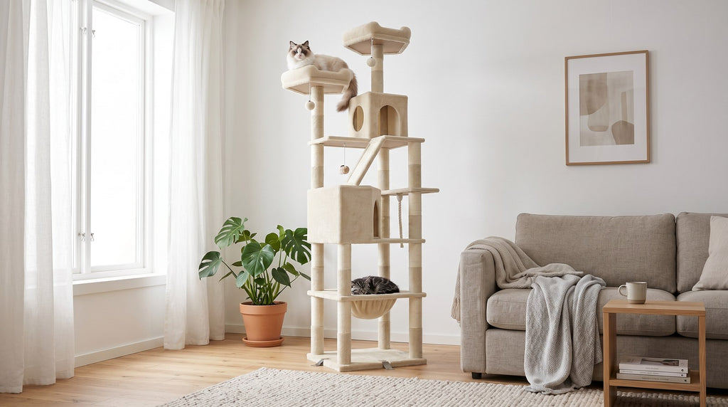 Arbre a chat en bois massif beige dans salon scandinave avec deux chats - Griffova