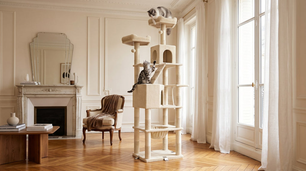 Arbre a chat en bois massif beige dans salon parisien avec chats - Griffova