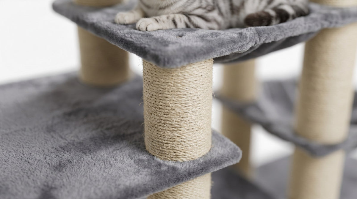 Arbre a chat Maine Coon gris - gros plan matiere sisal et peluche - Griffova