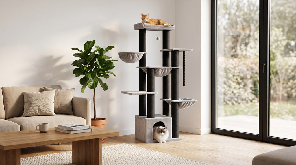 Arbre a chat Maine Coon noir gris dans salon scandinave avec deux chats - Griffova