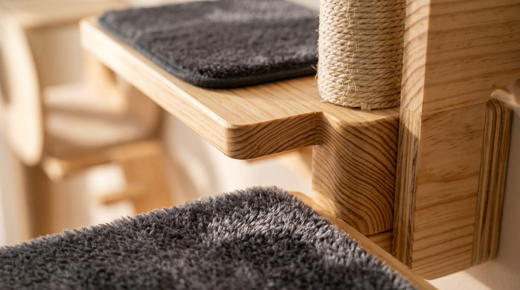 Detail macro bois peluche et sisal etagere murale chat - Griffova