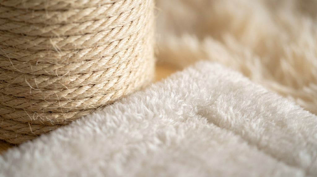 Detail macro sisal et peluche arbre a chat design bois - Griffova