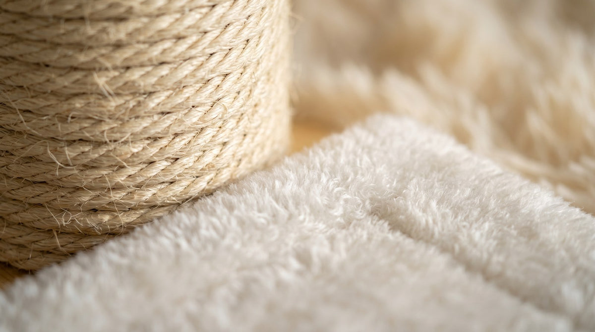 Detail macro sisal et peluche arbre a chat design bois - Griffova