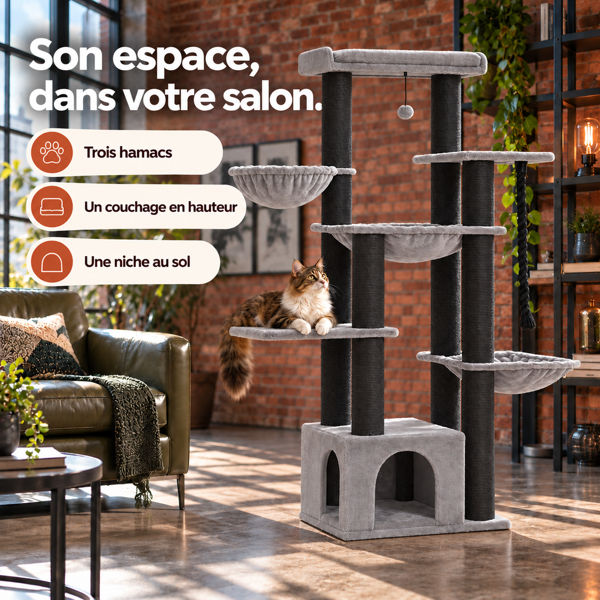 Arbre à chat — mise en situation avec repères du produit