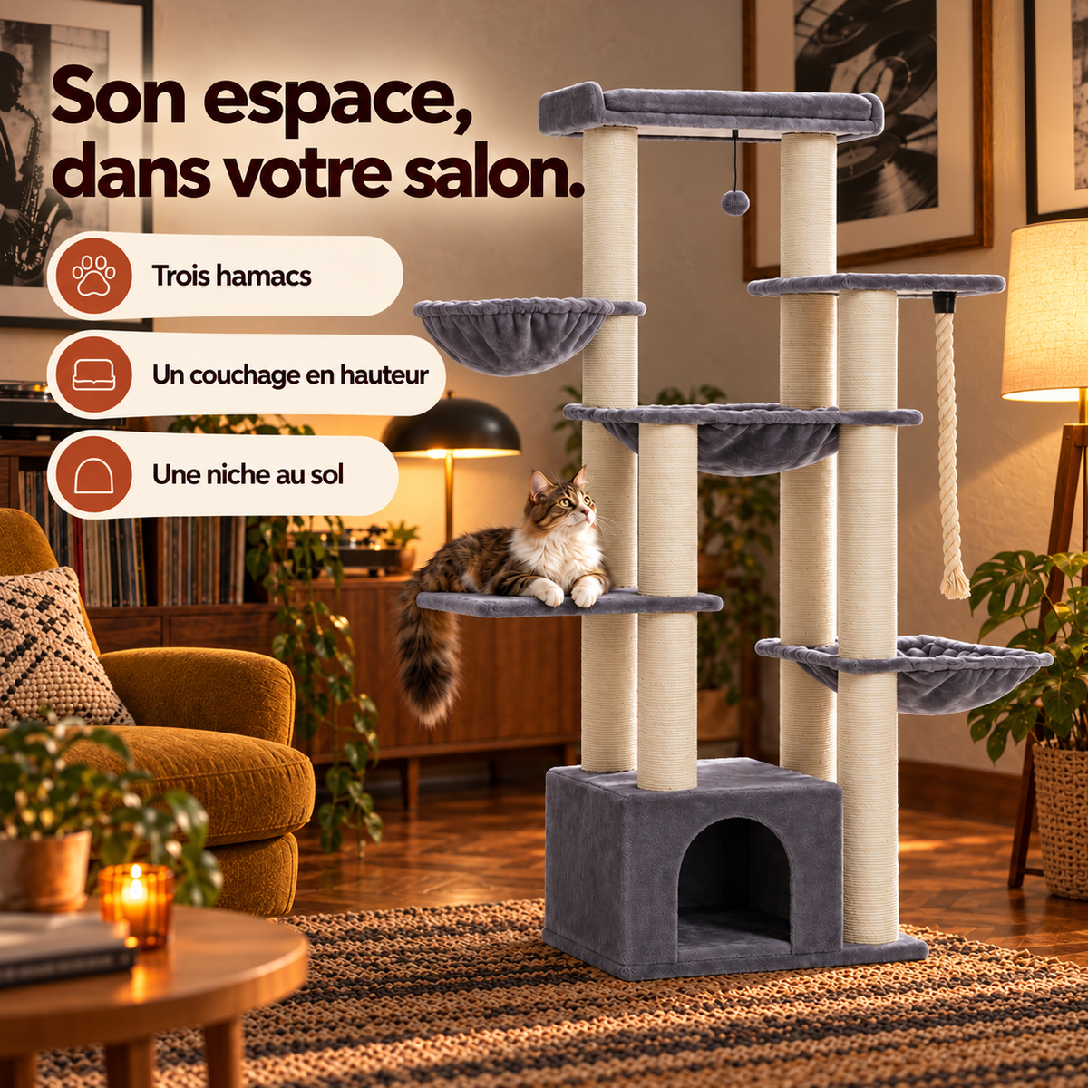 Arbre à chat — mise en situation avec repères du produit