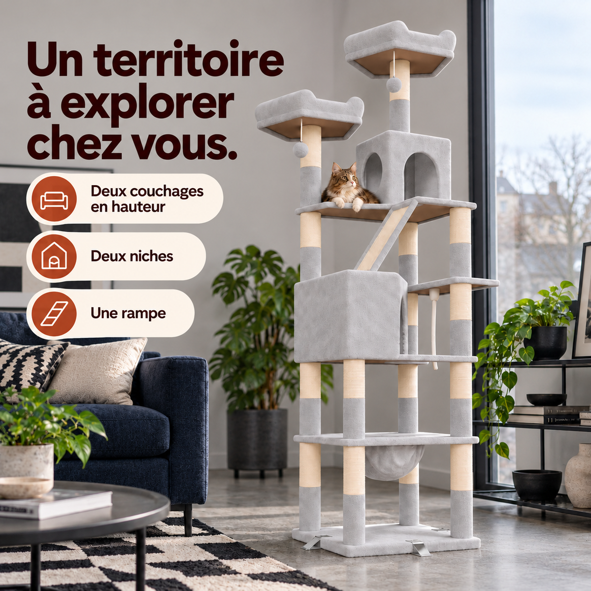 Arbre à chat — mise en situation avec repères du produit