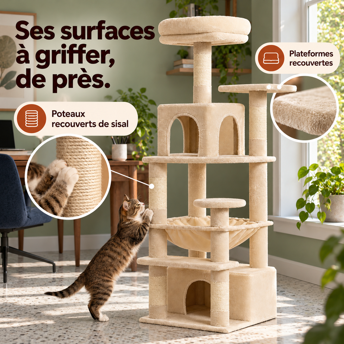 Arbre à chat — mise en situation avec repères du produit