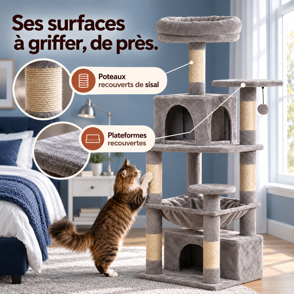 Arbre à chat — mise en situation avec repères du produit