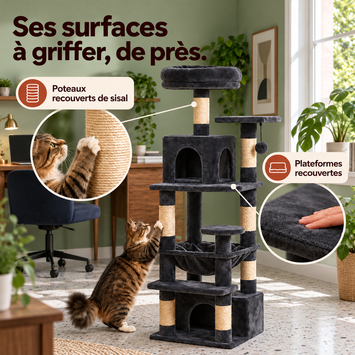 Arbre à chat — mise en situation avec repères du produit