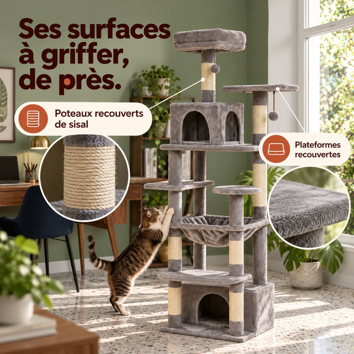 Arbre à chat — mise en situation avec repères du produit