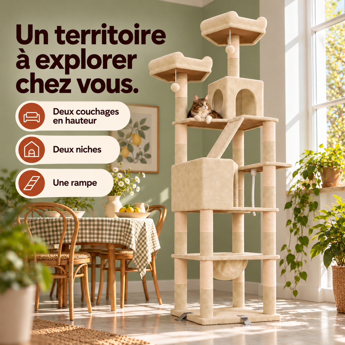 Arbre à chat — mise en situation avec repères du produit