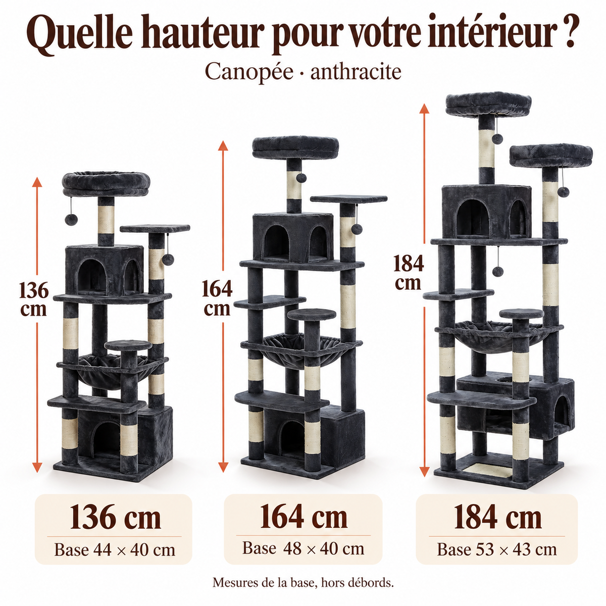 Canopée anthracite : comparaison 136, 164 et 184 cm et dimensions des bases