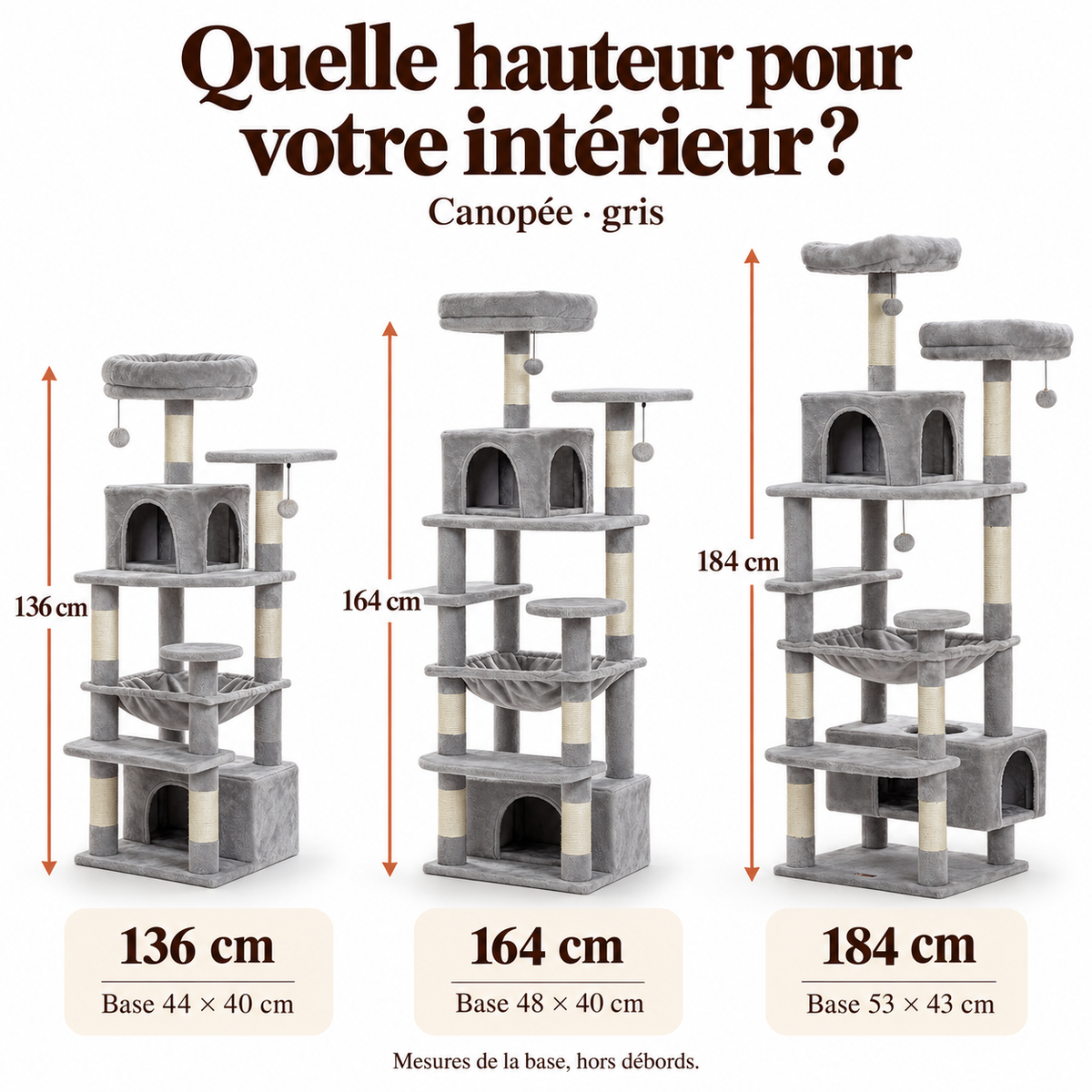 Canopée gris : comparaison 136, 164 et 184 cm et dimensions des bases