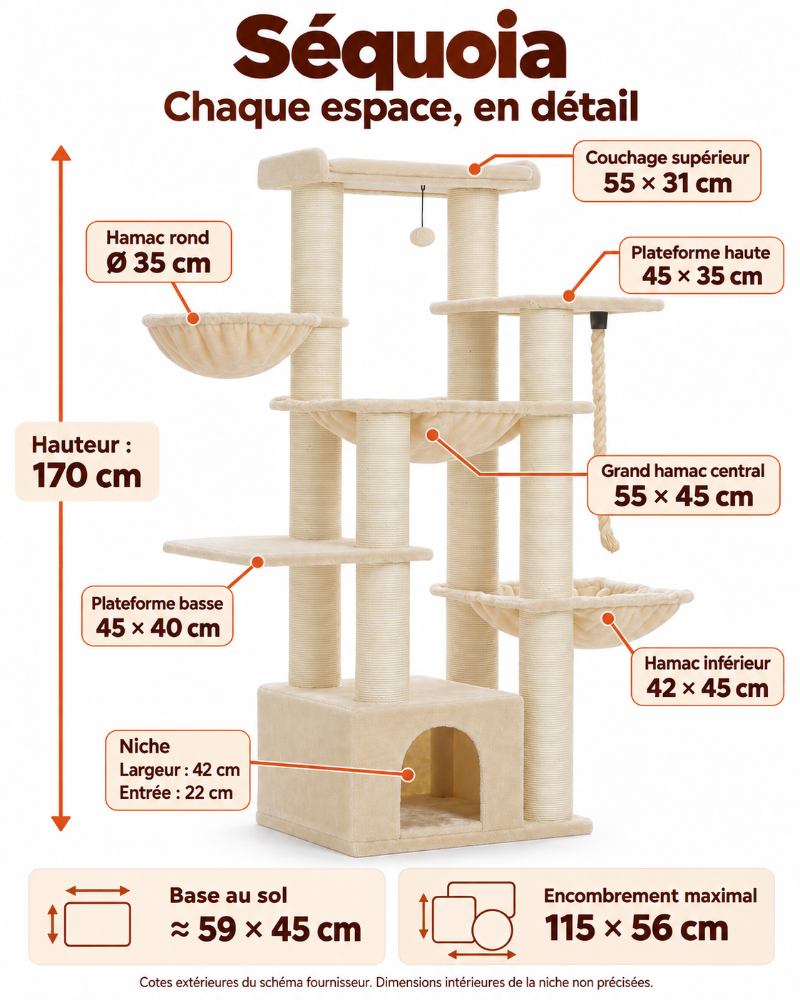 Séquoia beige : dimensions complètes des couchages, hamacs, plateformes et niche.
