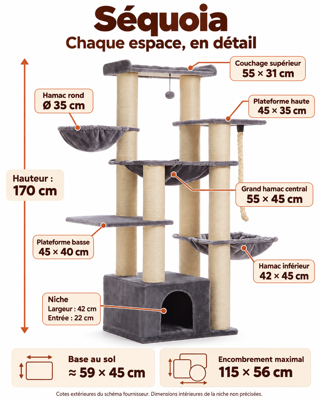 Séquoia : dimensions des trois hamacs, du couchage supérieur, des deux plateformes, de la niche et encombrement au sol.