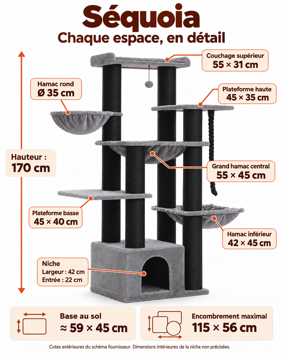 Séquoia noir : mesures de chaque couchage et plateforme, avec niche et encombrement.