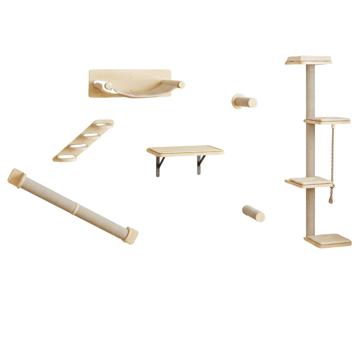 Les 7 pieces du mur d escalade pour chat en bois et sisal, presentation sur fond blanc - Griffova Liane