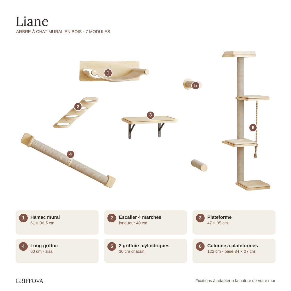 Arbre à chat mural en bois | Liane
