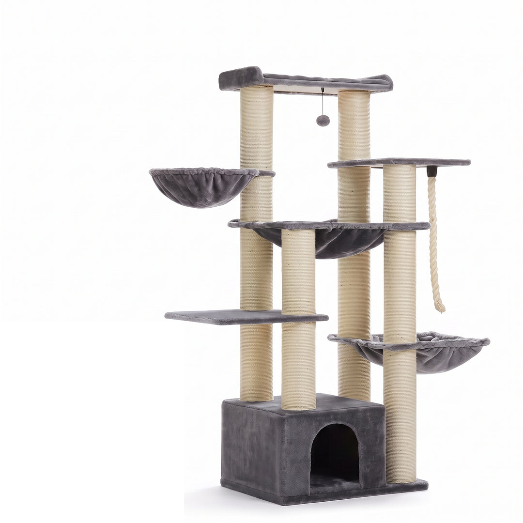 Grand arbre a chat Maine Coon gris et sisal naturel sur fond blanc - Griffova Sequoia